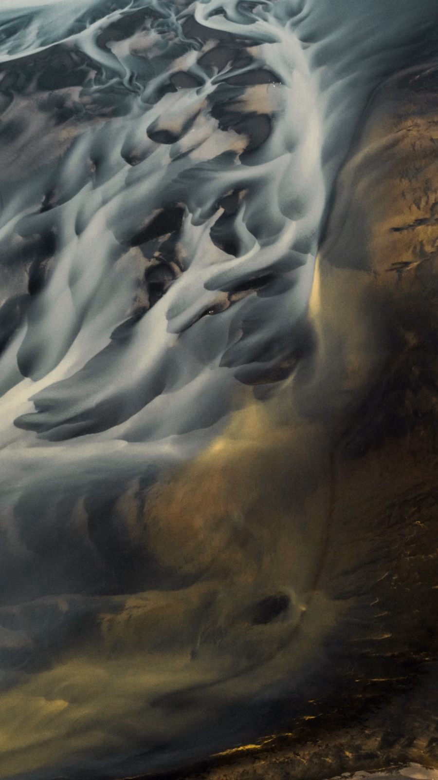 Aerial view of a braided glacial river